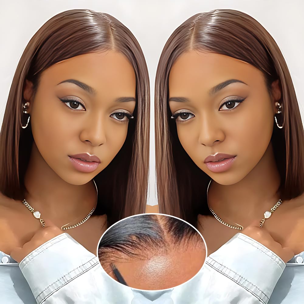 9x6 Chocolate Brown HD Lace Glueless Wigs Human Hair Pre Plucked Pre Cut Bob Wig Human Hair Glueless Wigs Human Hair 200% Density Short Straight Bob Wigs for Black Women 16 Inch