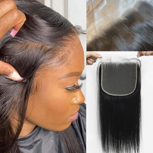 7x7 Lace Closure, 0.12mm Thin Invisible HD Transparent Lace Closure Pre Plucked with Baby Hair Natural Color Straight Brazilian Virgin Human Hair Closure Free Part Natural Hairline 16Inch
