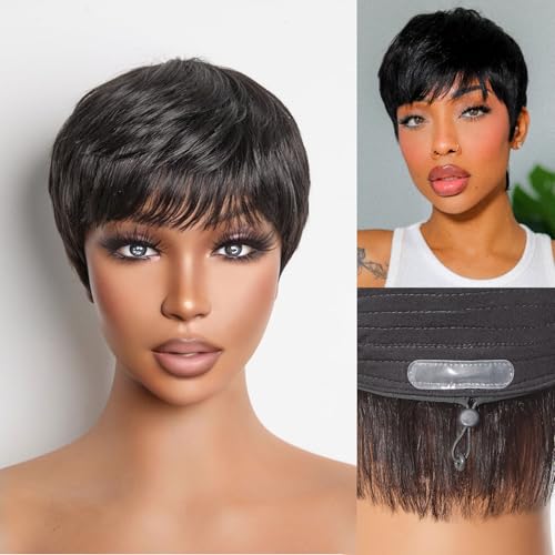 LUVME HAIR Ultra Comfort Throw On & Go Short Pixie Cut with Bangs Skin Friendly Cotton Cap 100% Real Human Hair Glueless Wig Glueless Wig Hair Loss Friendly Full Machine Made