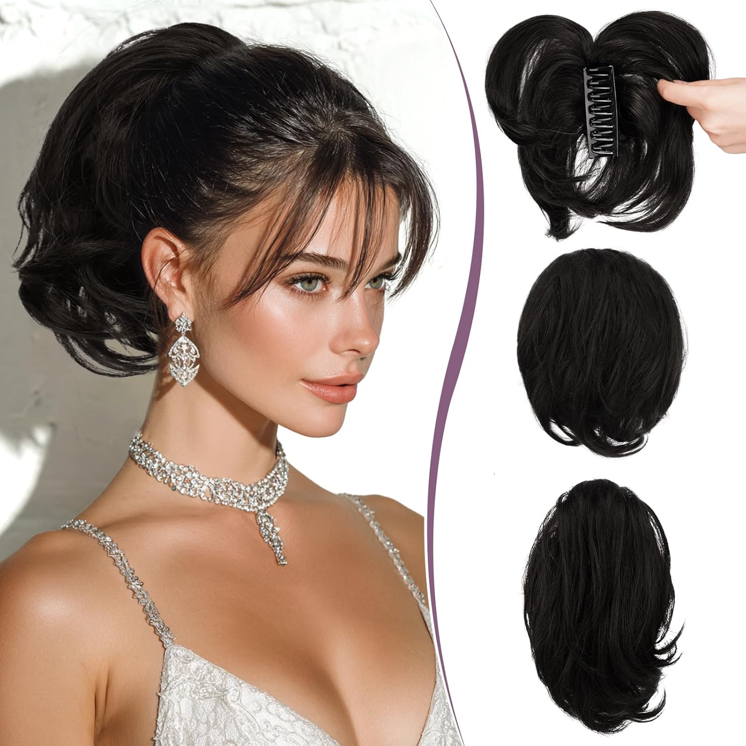 RUWISS Claw Clip Short Human Hair Ponytail Extension with Bendable Metals for DIY Styles, Straight Messy Bun Hair Piece for Women Thick Hairpieces for Daily Wear, 9 Inch Natural Black
