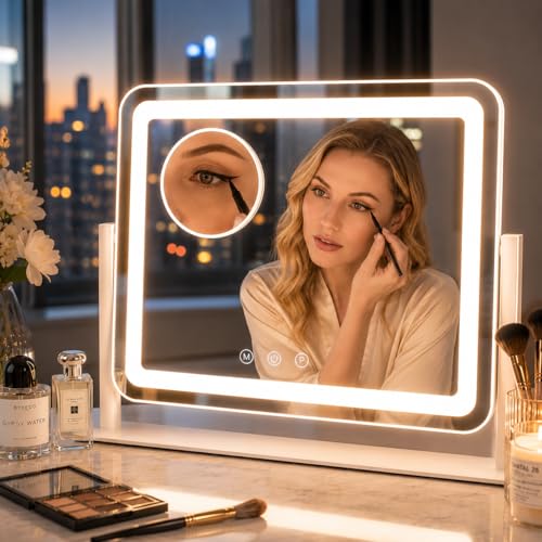 Vanity Mirror with Lights, 17.32" L x 14.17" W LED Makeup Mirror, Hollywood Mirror with 3 Color Modes & Adjustable Brightness, Detachable 10x Zoom Mirror, 360 Degree Rotation (White)