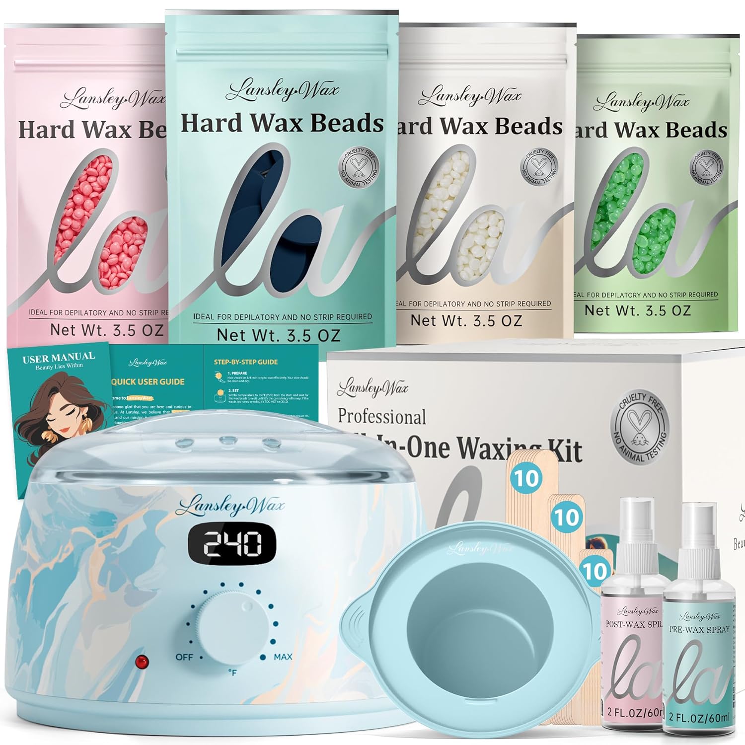 LANSLEYWAX Digital Waxing Kit for Women Men - Water Blue Waxing Machine with 39 Accessories - Hard Wax Kit for Arm Leg Brazilian Bikini Face Sensitive Skin, Wax Warmer Hair Removal for Home/Salon Use