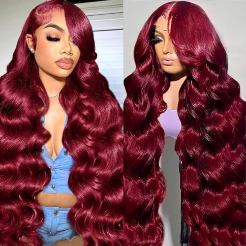 burgundy Wigs Human Hair 99J 13x6 HD Body Wave Lace Front 200 Density Pre Plucked 24 Inch