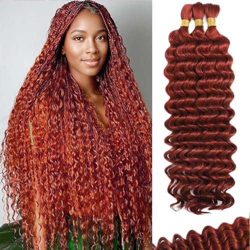 Human Braiding Hair for Boho Braids 110g Deep Wave Boho Bulk Human Hair for Braiding Knotless 12A Wet and Wavy Bulk Bohemian Curly 3 Bundles/Pack #350 Copper Color 20inch