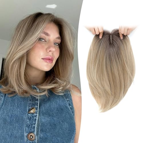 Hair Topper 12inch Clip in Synthetic Hair Toppers for Women with Thinning Hair Lightweight and Breathable 6.5"X6.5" Big Base Toppers Hair Pieces for Women Daily Wear Ombre Blonde with Dark Root