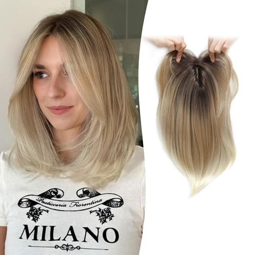 Hair Topper 12inch Clip in Synthetic Hair Toppers for Women with Thinning Hair Lightweight Layered 6.5"X6.5" Big Base Toppers Hair Pieces for Women Daily Wear Dark Blonde with Dark Root