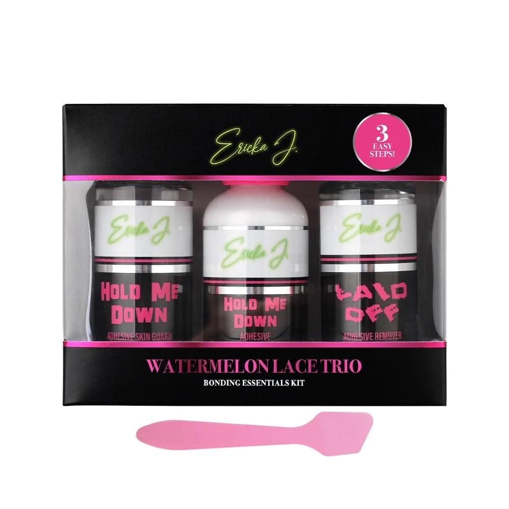 Ericka J. Lace Application System Trio Kit  Skin Guard, Hold Me Down Adhesive & Laid Off Adhesive Remover  Complete Wig Installation Solution, Waterproof & Sweat Resistant (Regular, Watermelon)