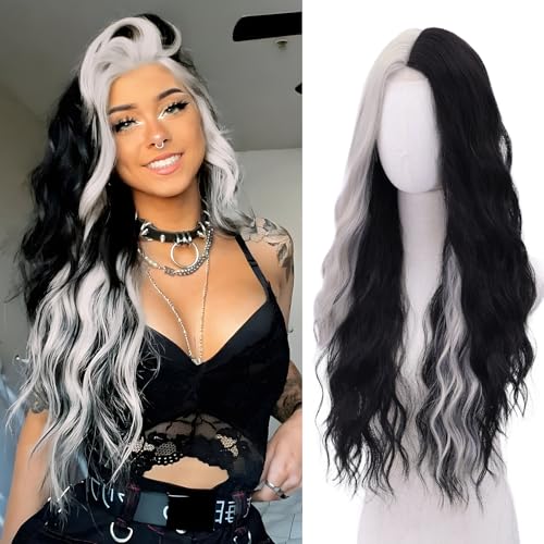 WECAN Black & White 28in Synthetic Wig