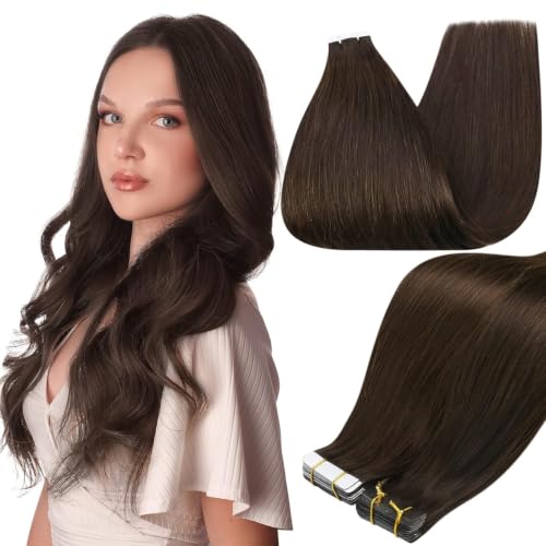 Full Shine Brown Tape in Extensions Real Human Hair 20Inch Tape in Hair Extensions Human Hair Color 2 Adhesive Extension Seamless Invisible Skin Weft Daily Office Look 100G 40Pcs