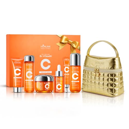Vitamin C Skincare Set ,Skin Hydration,1Gift Box,1Toner,Face Care Kit Includes Toner,Serum,Cleanser,Moisturizer,Eye Cream & Body Lotion,Unique Gift for Women