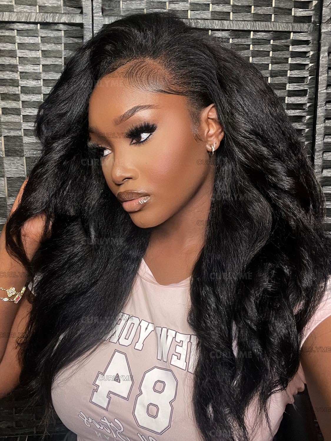 Curlyme Kinky Straight Drawstring Half Wig Human Hair No Lace Glueless Wear Go Wig Drawstring Invisible Hairline Beginner Friendly For Women Flip Over Clip In 195% Density 22 Inch