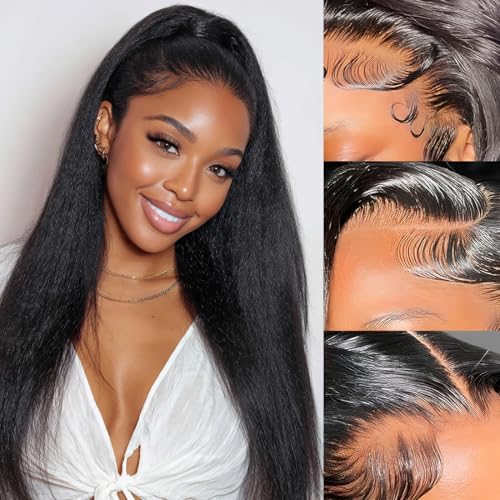 13x6 Lace Front Yaki Straight Wig HD Transparent Yaki Straight Frontal Closure Human Hair Wigs for Women 16Inch 180% Density Glueless Wig Pre Plucked With Baby Hair