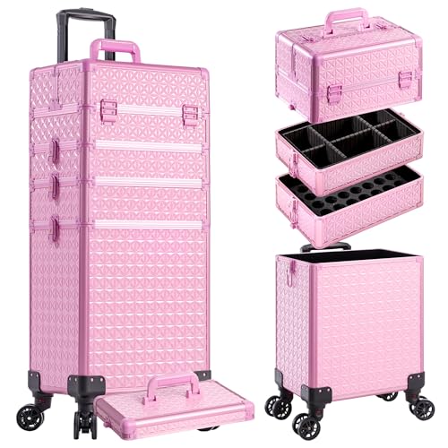 AROUS 5 in 1 Rolling Makeup Train Case Cosmetology Case on Wheels Large Cosmetic Organizer Travel Cart for Hairstylist Artist Nail Beauty Salon Barber,All Pink