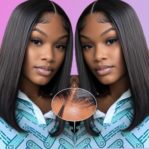 Bob Wig Human Hair 14 inch Glueless Wigs Human Hair Pre Plucked Pre Cut 4x4 HD Lace Front Wigs for Black Women 180% Density Short Straight 14 inch