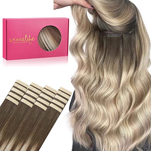 WENNALIFE Tape in Hair Extensions Human Hair, 20pcs 50g 18 inch to Platinum Blonde Remy Hair Extensions Straight Human Hair Tape in Extensions Skin