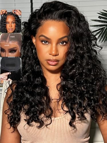 KLAIYI Water Wave Pre Everything Glueless 13x4 Lace Front Wigs Human Hair Precut Lace Pre Plucked Pre Bleached Bye Bye Knots Curly Wear and Go Beginners Wig with Drawstring 30S Ready to Wear 18Inch