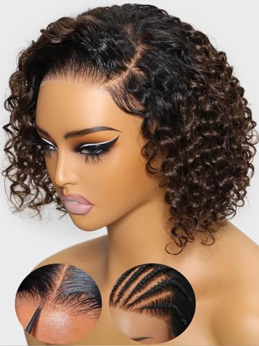 KLAIYI Ombre Brown Curly Bob Wig Human Hair Bye Bye Knots Glueless Wig Precut Lace Pre Bleached Pre Plucked 7x5 Lace Front Easy to Wear Put On Go Wig with Dark Roots Side Part Balayage Brown Wig 8Inch