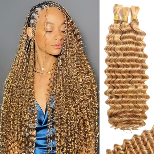 Human Braiding Hair for Boho Braids Human Hair 110g 22 Inch Curly Boho Hair for Braiding Knotless 12A Deep Wave Bohemian 3 Bundles/Pack Caramel Honey Blonde