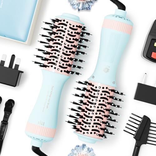 Travel Dual Voltage Hair Dryer Brush 4-in-1 Portable Mini Hot Air Blow Dryer Straightener & Curler Brush, Titanium Round Blowout Styler Volumizer Tools, 110/240V US/EU/UK -Baby Blue & Light Pink