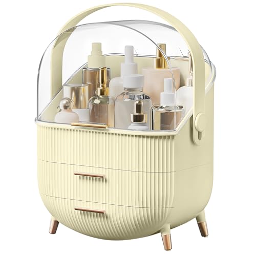 Makeup Organizers, Make Up Organizer for Vanity, Countertop Cosmetic Storage with Drawers and Transparent Cover for Bedroom Bathroom, Maize-yellow