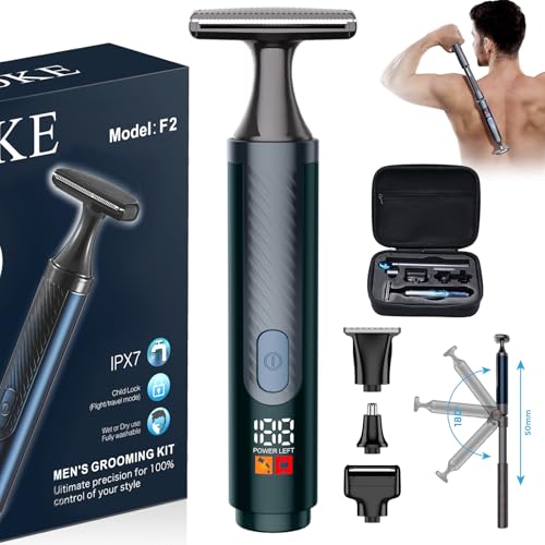 FOKE Back Shaver for Men, Ultra-Wide 1.8" T-Shaped Head, Travel Case, LED 4 in 1 Mens Back Shaver Rechargeable with Long Handle, Safety Lock, IPX7, Multi-Functional Back Trimmer for Men, (Dark Black)