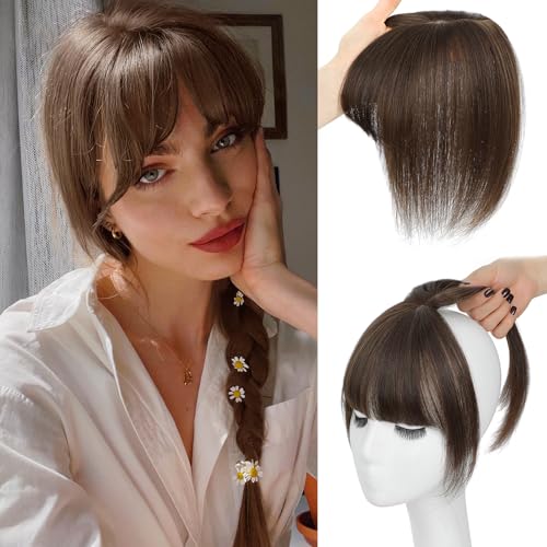 Hair Toppers for Women Real Human Hair, 360 Cover Clip in Bangs Medium Brown Wispy Bangs HairPieces for Women Daily (Medium Brown, 3D Bangs)