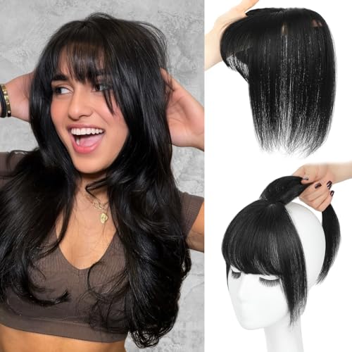 Hair Toppers for Women Real Human Hair, 360 Cover Clip in Bangs Natural Black Wispy Bangs HairPieces for Women Daily (Natural Black, 3D Bangs)