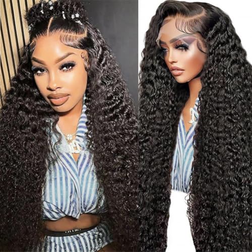 SOSATISFY 13x6 Deep Wave Lace Front Wigs Human Hair Pre Plucked 26 Inch HD Transparent Lace Frontal Curly Wigs 200% Density Glueless Deep Curly Wigs For Women Natural Black