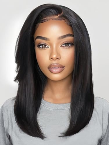 UNICE Yaki Straight Human Hair Drawstring Wig with Side Bangs Bye Bye Knots 7X5 Lace Front Glueless Wigs Human Hair Pre Plucked Pre Cut Natural Looking 150% Density 16 inch