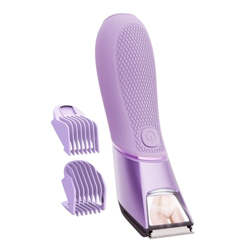 Bikini Trimmer for Women: Pubic Hair Razor with Mirror & LED Light, Electric Shaver with Ceramic Blades & Travel Lock - Body Groomer IPX7 Waterproof Use for Legs/Arm/Underarm - Purple
