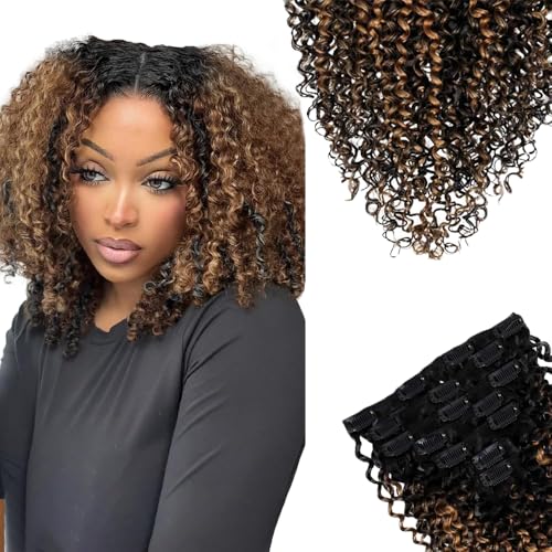 SIYUSI Kinky Curly Clip In Extensions, 3C 4A 100% Brazilian Remy Human Hair Clip Ins, Invisible & Scalp-Friendly, Honey Blonde Ombre, 3.52oz, 7Pcs (14 Inch)