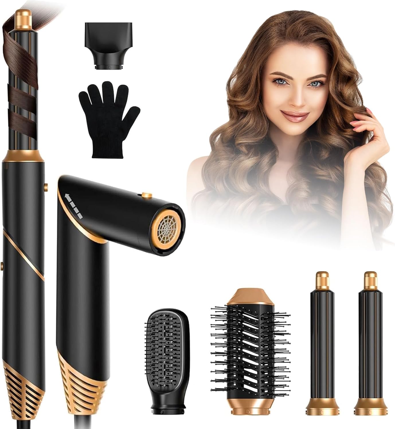 Hair Dryer Brush Set 6 in 1, Blow Dryer Brush Foldable, Straightening, Negative Ionic Hair Dryer with Diffuser, Hair Styling Tools, Detachable Air Hair Styler Curling, Drying,Volumizing