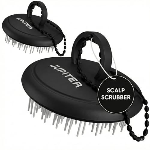 Jupiter Scalp Exfoliator - Scalp Massager Tool for Wet & Dry Hair - Ergonomic Detangler Brush - Dandruff Comb & Scrub to Remove Dandruff & Buildup and Support Circulation - 2 Pack, Black
