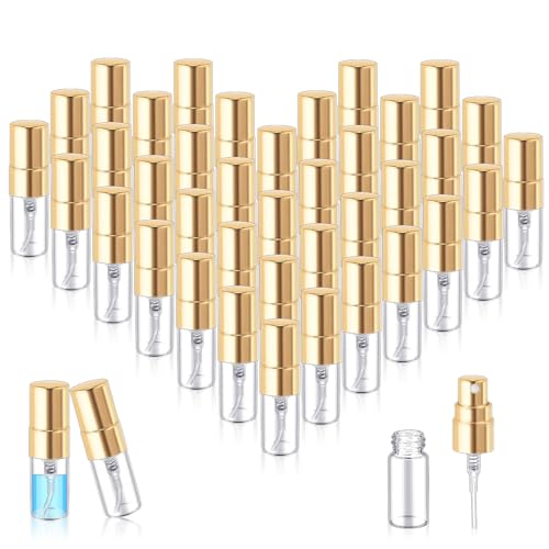 Zhehao 200 Pcs Mini Spray Bottles 2 ml Clear Glass Perfume Bottles Refillable Fine Mist Perfume Atomizer Portable Empty Sample Containers for Cleaning, Essential Oils, Travel (Gold Cap)