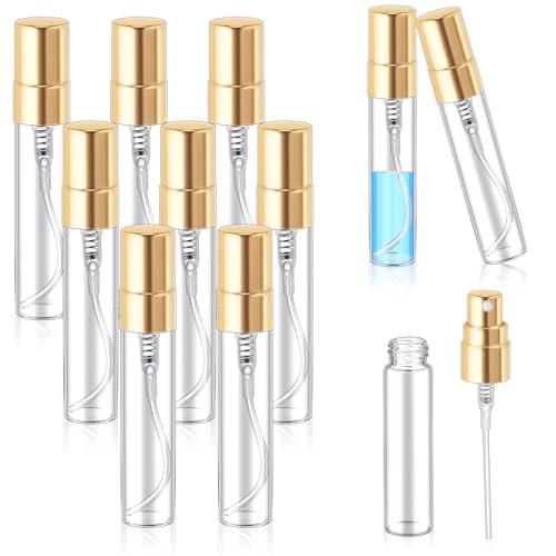 Zhehao 100 Pcs Mini Spray Bottles 5 ml Clear Glass Perfume Bottles Refillable Fine Mist Perfume Atomizer Portable Empty Sample Containers for Cleaning, Essential Oils, Travel (Gold Cap)