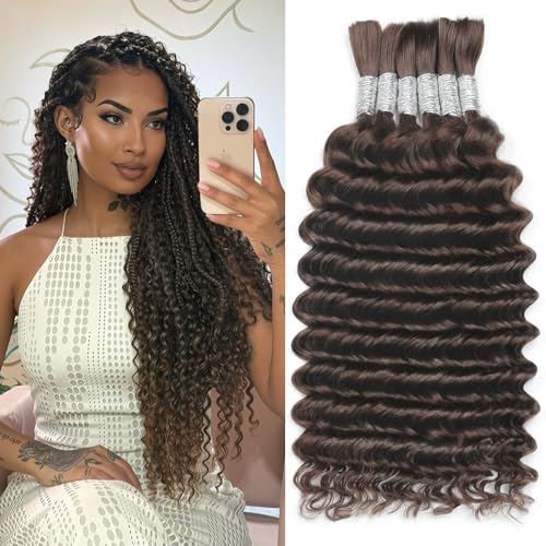 Human Braiding Hair for Boho Braids Bulk Human Hair 6 Bundles/Pack 150g 20 Inch Deep Wave Bulk Human Hair for Braiding Curly Knotless 12A Brazilian Virgin No Weft Wet and Wavy Dark Brown 2#