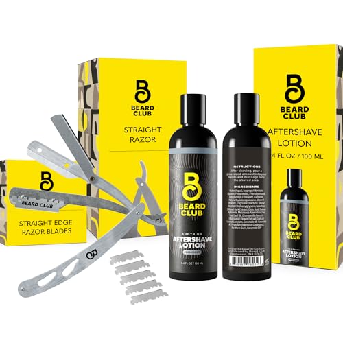 Beard Club Straight Razor for Men & Aftershave for Men  Soothing After Shave Lotion & Navajas Para Barbero - Barber Straight Edge Razor Kit with Post Shave Balm Calms Irritation, 5 Blades - Gift Kit