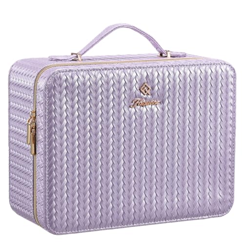 Leather Makeup Case with LED Lighted Mirror 11.4 Inch Travel Makeup Bag Adjustable Brightness in 3 Colors Cosmetic Organizer Artist Storage Bag with Dividers Brush Holder Bag Vanity Shiny Purple