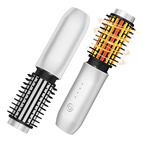 Cordless Curling Iron Brush,1.5-inch Mini Travel Curling Iron, 3-in-1 Portable Heated Round Straightening Brush, Rechargeable Curlings Irons, for Curls, Straightening, De-frizzing, and Styling, White
