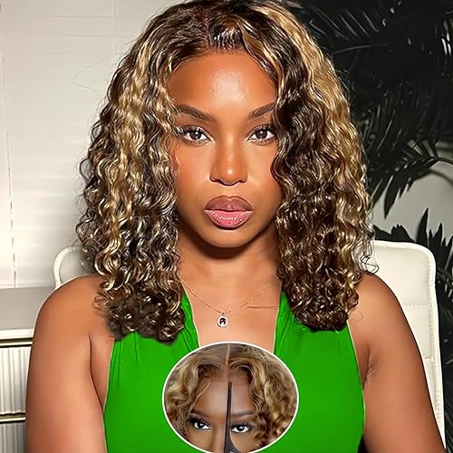 Ombre Bob Wig Human Hair 4/27 Highlight Wear and Go Glueless Wig Deep Wave Curly Honey Blonde Lace Front Bob Wigs 180 Density 8 Inches