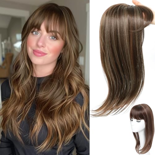 Hair Topper, 360 3D Hair Toppers for Women with Thinning, 18 Inch Long Pieces for Women Clip in Side Bangs (Chestnut Brown&Dark mix light brown, 3D Wispy Bangs)