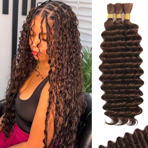 Human Braiding Hair for Boho Braids Human 110g 22 Inch Curly Boho Hair for Braiding Knotless 12A Deep Wave Bulk Bohemian 3 Bundles/Pack Chocolate Brown