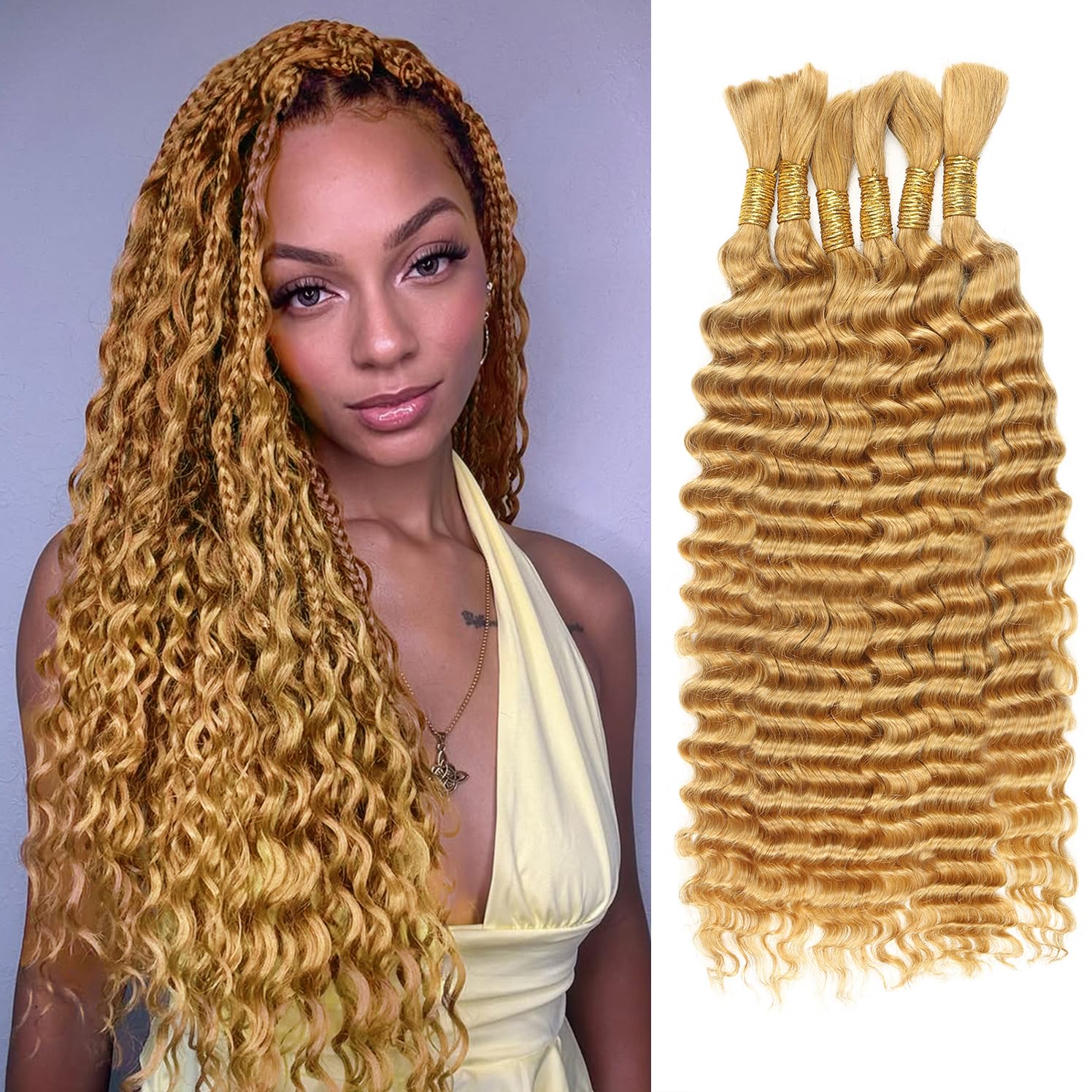 Honey Blonde Human Braiding Hair for Boho Braids,150g 16 inch 6 Bundles Blonde Deep Water Wave Bulk Boho Curly Human Hair for Braiding, 27# No Weft Wet and Wavy human Braiding Hair Extensions