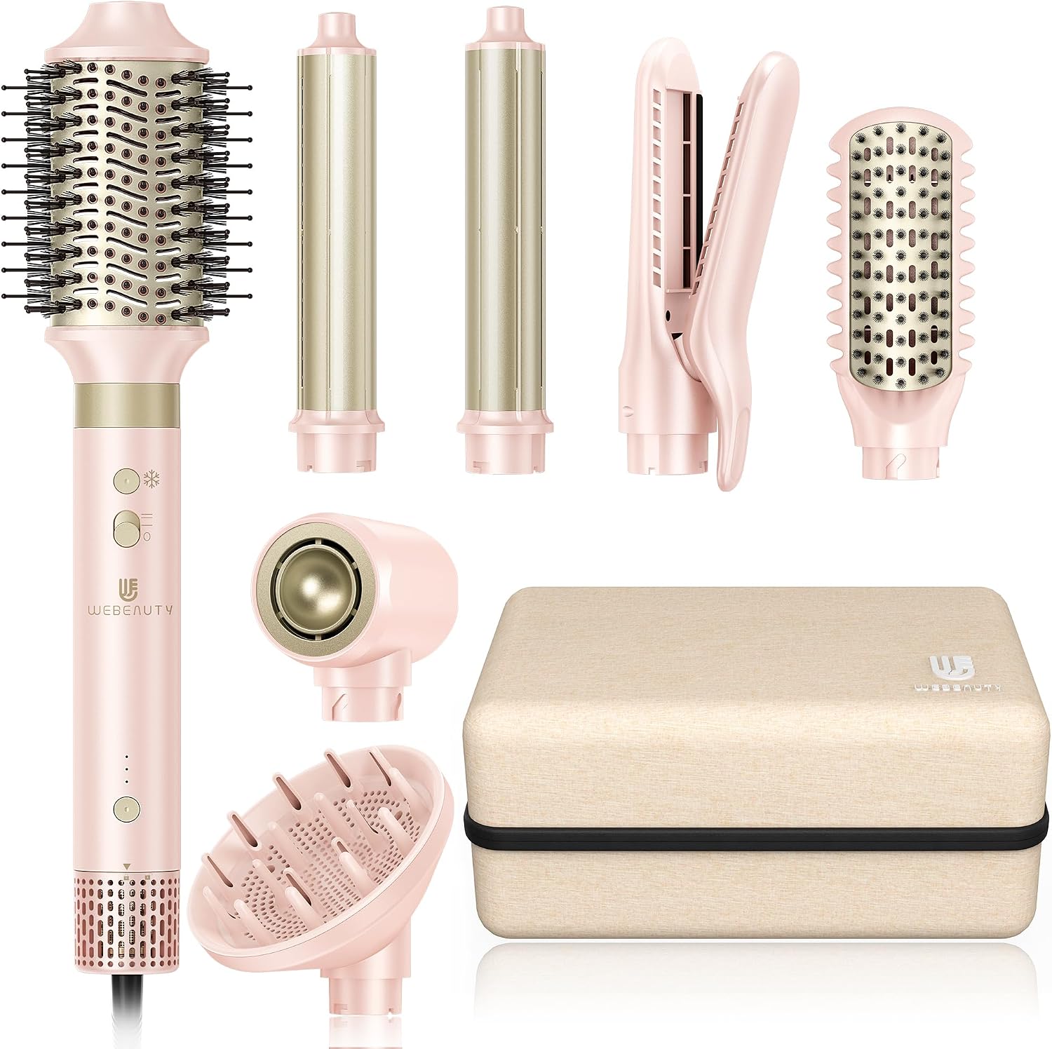 Hair Dryer Brush 8-in-1 Dual Voltage Hot Air Styler  Fast-Drying 110,000 RPM Ionic Blow Dryer with Straightener & Curler Attachments, Frizz-Free Volumizing Styler with Protective Hard Case-Pink
