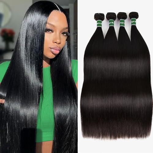 Straight Bundles Human Hair 20 22 24 26 Inch Straight Hair 10A Double Weft Hair Extensions for Women 4 Bundles Deals 100% Unprocessed Virgin Human Hair Natural Black