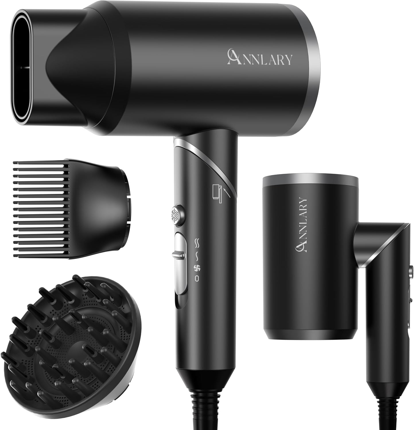 Plasma Ion Hair Dryer with Diffuser for Curly Hair, 1800W Fast Drying Blow Dryer with Comb, Lightweight and Low Noise Hairdryer for All Hair Types, Foldable Design for Travel