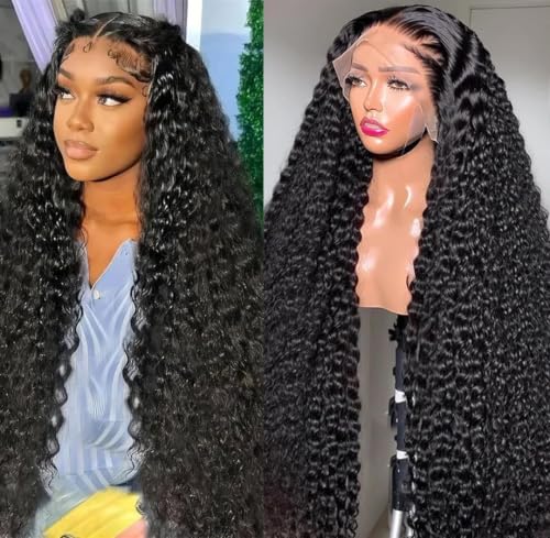 28Inch 13X6 Lace Front Wigs Human Hair 200% Density Deep Wave HD Transparent Lace Front Wigs Human Hair Pre Plucked Glueless Wigs Deep Curly Human Hair for Women With Baby Hair