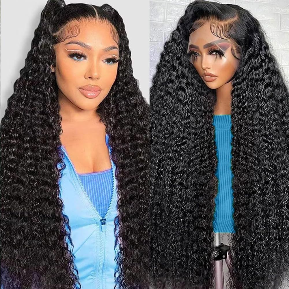 Deep Wave Lace Front Wigs Human Hair 13x6 HD Transparent Lace Frontal Curly Wigs for Women Wet and Wavy Glueless Wigs Pre Plucked 200 Density Natural Black 26 Inch
