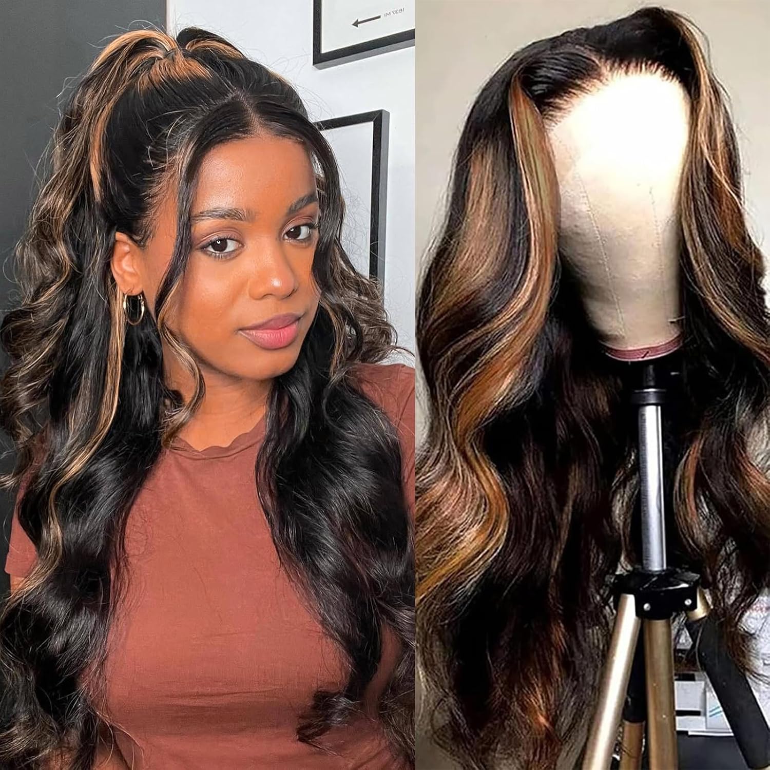 Highlight Wig Human Hair Body Wave Lace Front Wigs Human Hair Pre Plucked 13x4 Ombre Lace Front Wig Human Hair for Women 1B/30 Black with Brown Balayage Glueless Wigs 200 Density 22 Inch