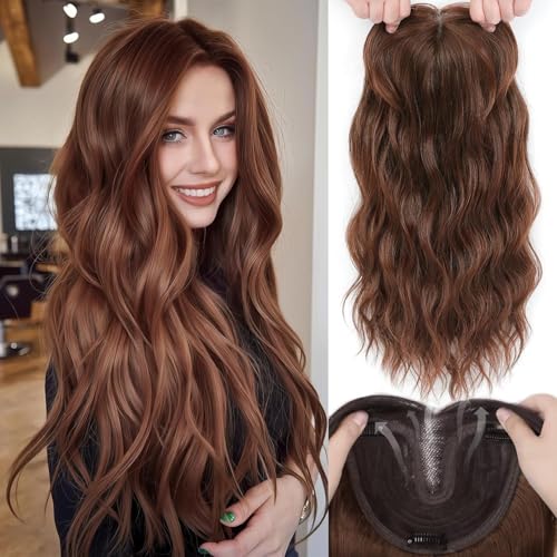 Hair Toppers for Women, 20 Inch Hand Tied Breathable Toppers Hairpieces for Women with Thinning Crown Middle Part Bangs Mix Human Hair Wavy Curly Lightweight Wiglets (Auburn Brown, Side Bangs)